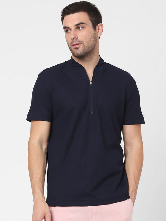 Blue Knit Polo Neck T-Shirt