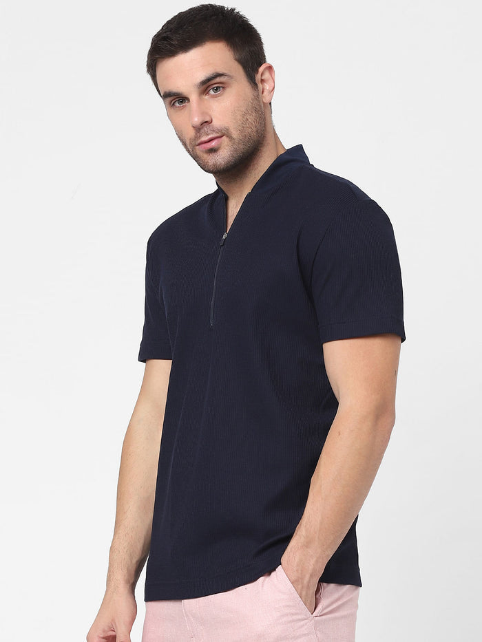 Blue Knit Polo Neck T-Shirt