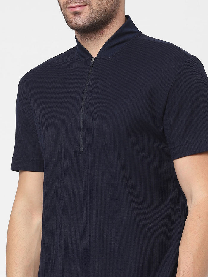 Blue Knit Polo Neck T-Shirt