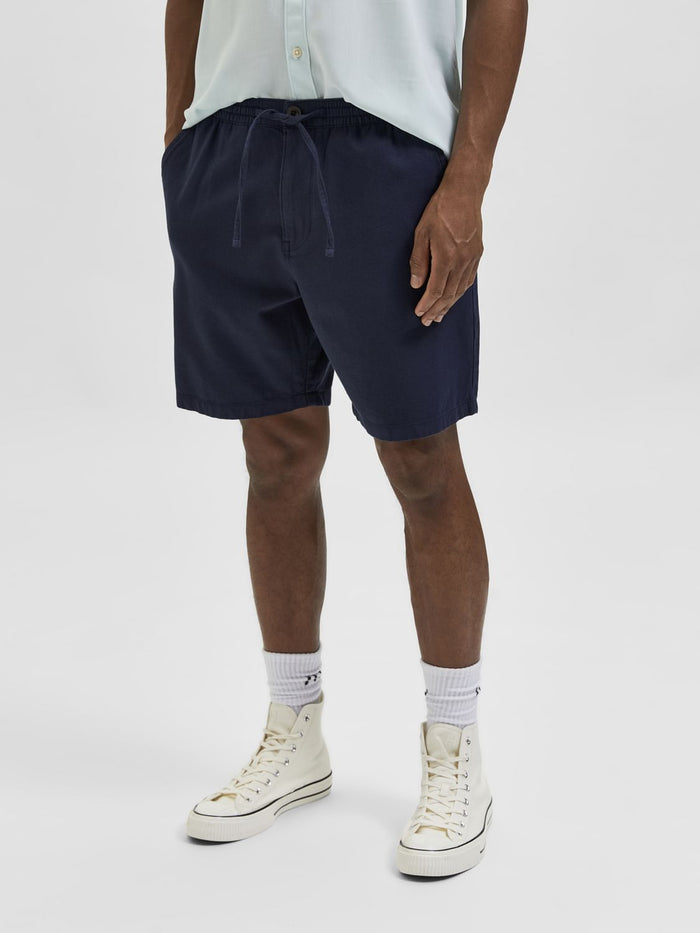 Blue Mid Rise Cotton & Linen Shorts