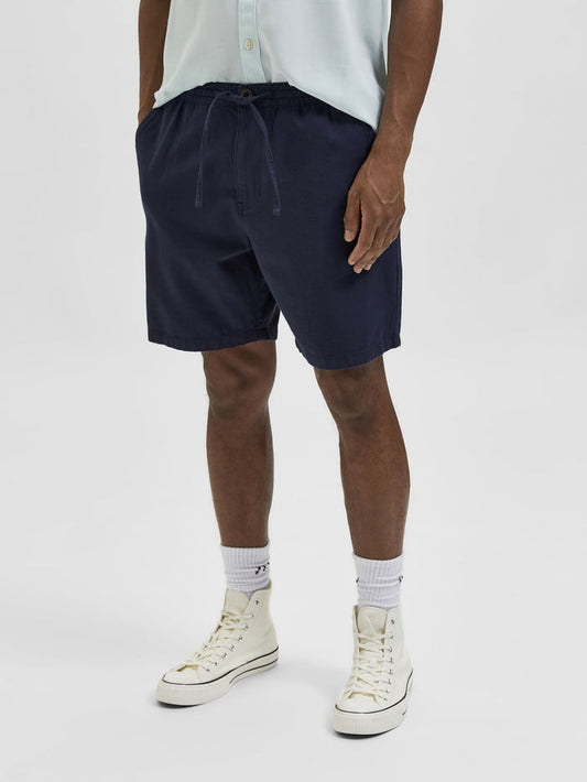 Blue Mid Rise Cotton & Linen Shorts