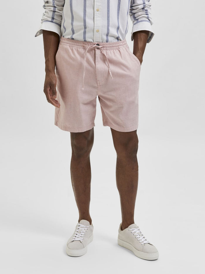 Blue Mid Rise Cotton & Linen Shorts