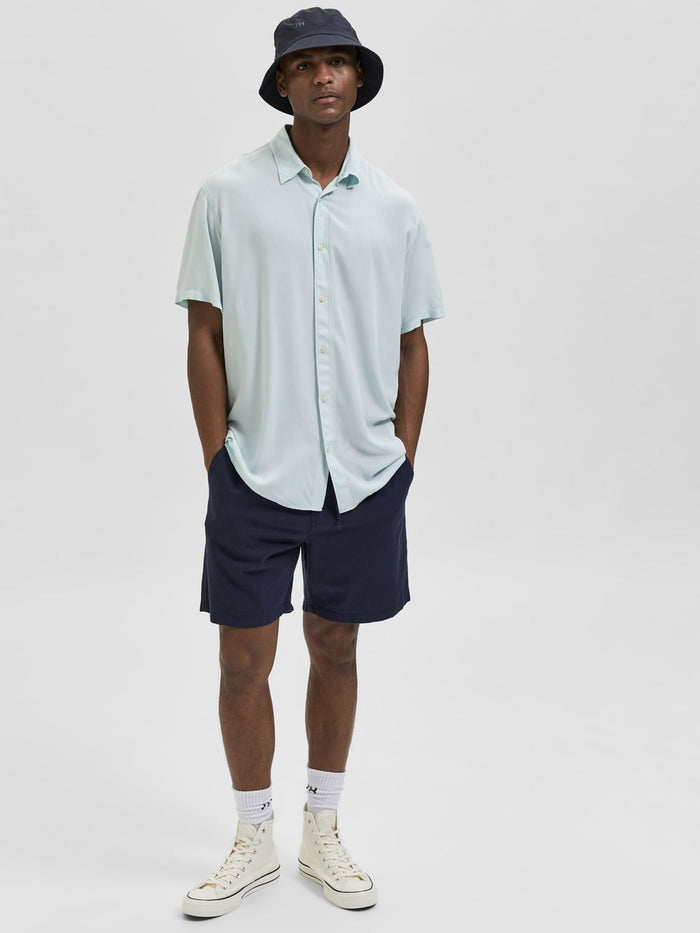Blue Mid Rise Cotton & Linen Shorts