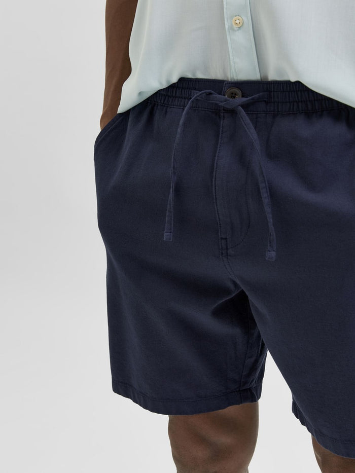 Blue Mid Rise Cotton & Linen Shorts
