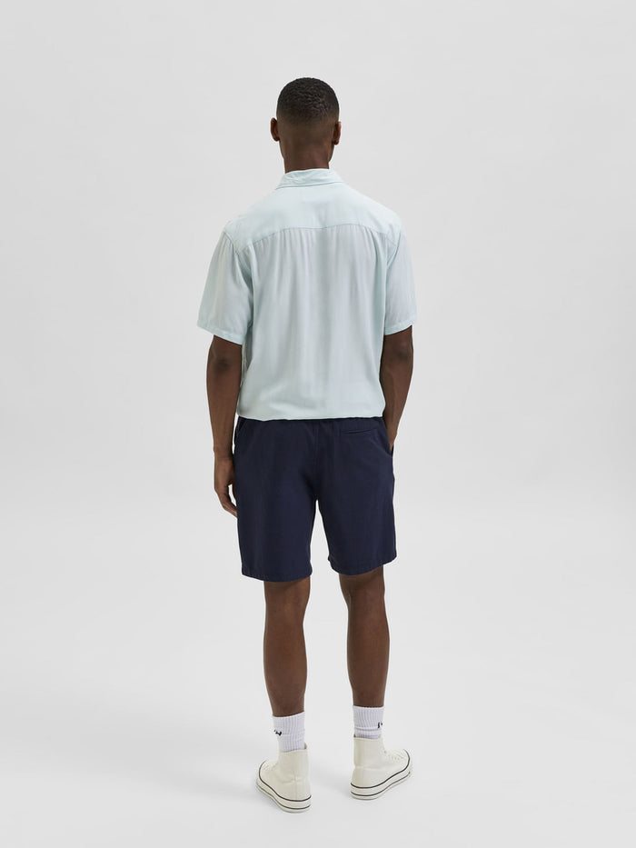 Blue Mid Rise Cotton & Linen Shorts