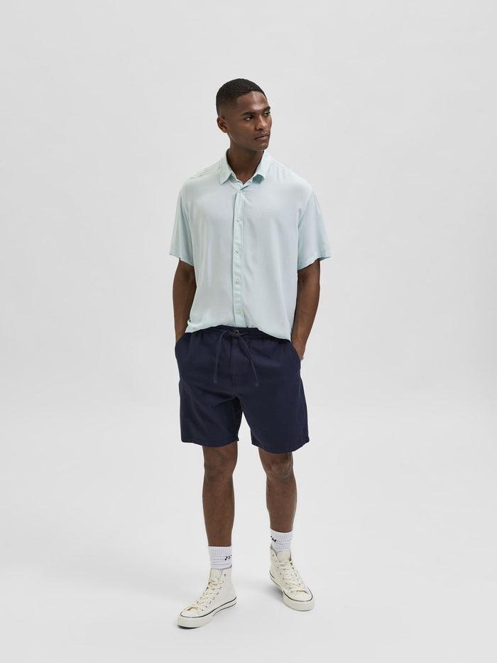 Blue Mid Rise Cotton & Linen Shorts