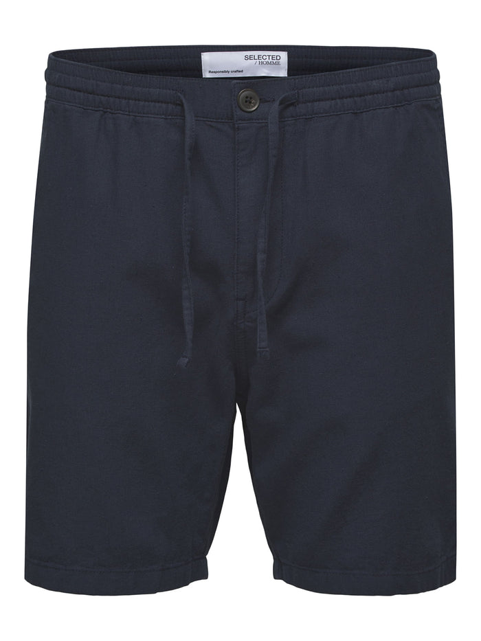 Blue Mid Rise Cotton & Linen Shorts