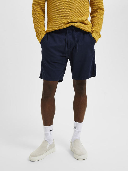 Blue Mid Rise Drawstring Linen Shorts