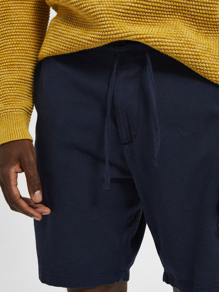 Blue Mid Rise Drawstring Linen Shorts