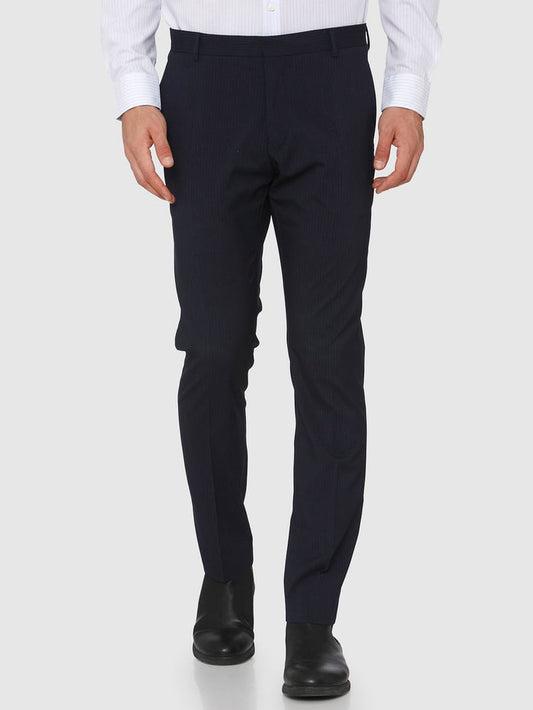Blue Mid Rise Striped Formal Trousers