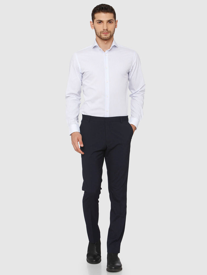 Blue Mid Rise Striped Formal Trousers