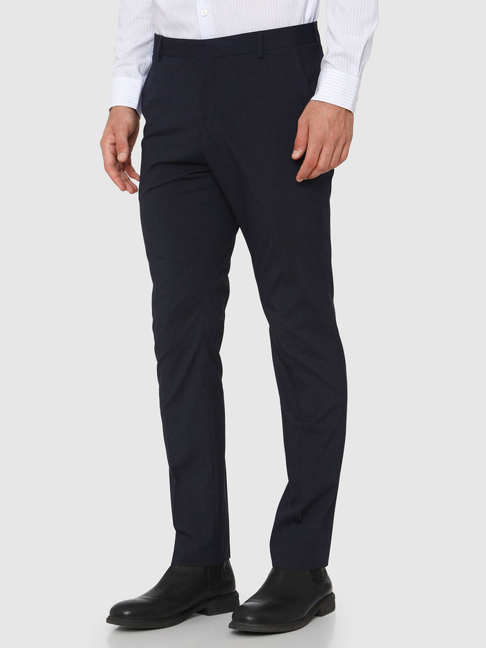 Blue Mid Rise Striped Formal Trousers