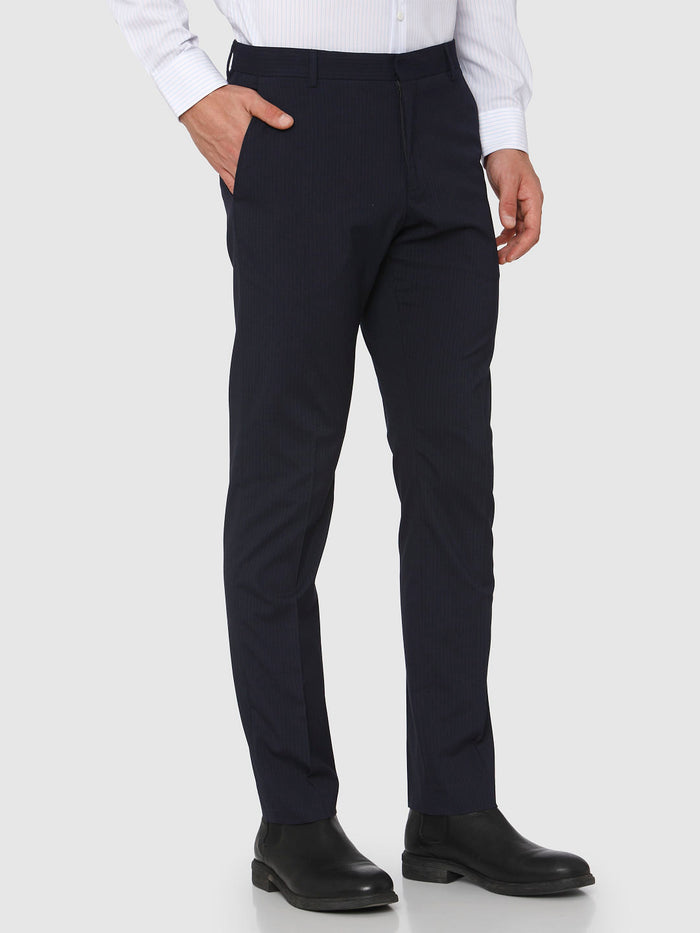 Blue Mid Rise Striped Formal Trousers