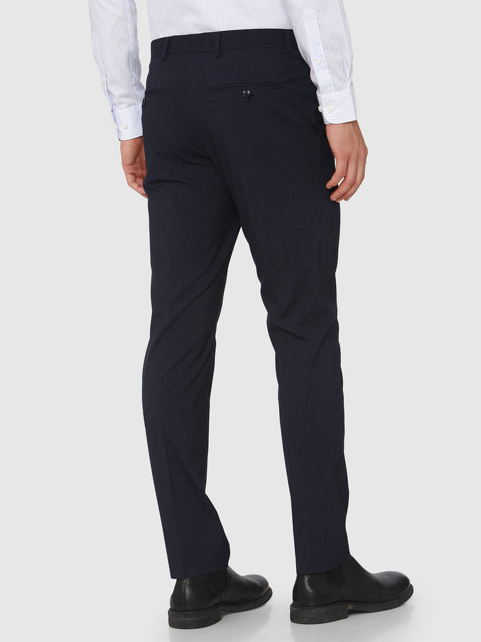 Blue Mid Rise Striped Formal Trousers