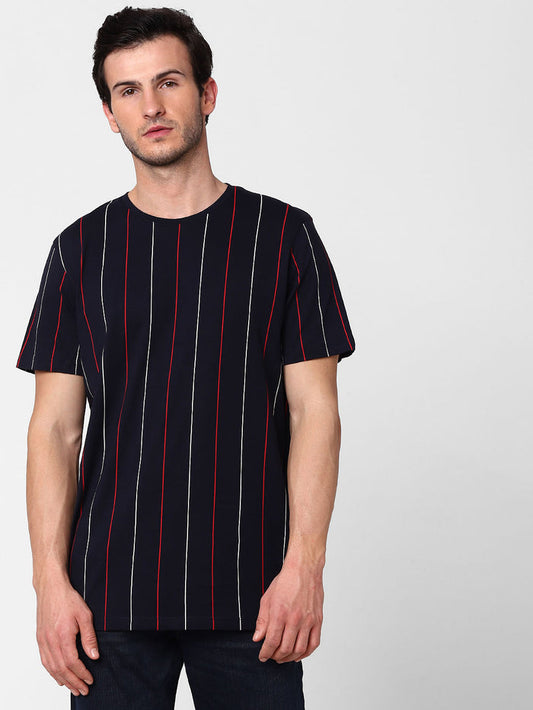 Blue Organic Cotton Striped Crew Neck T-Shirt