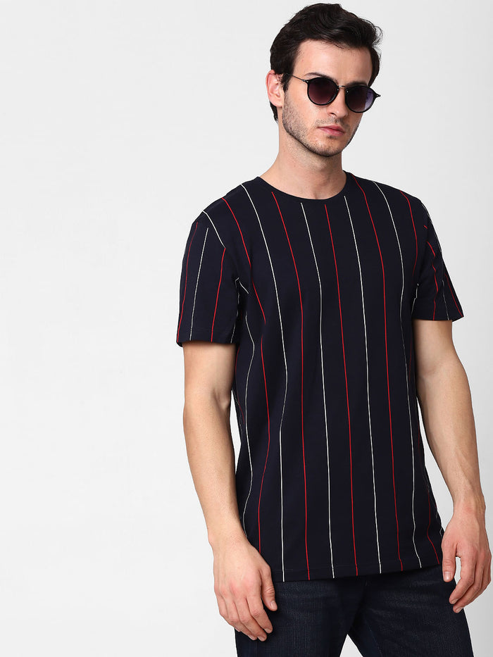 Blue Organic Cotton Striped Crew Neck T-Shirt