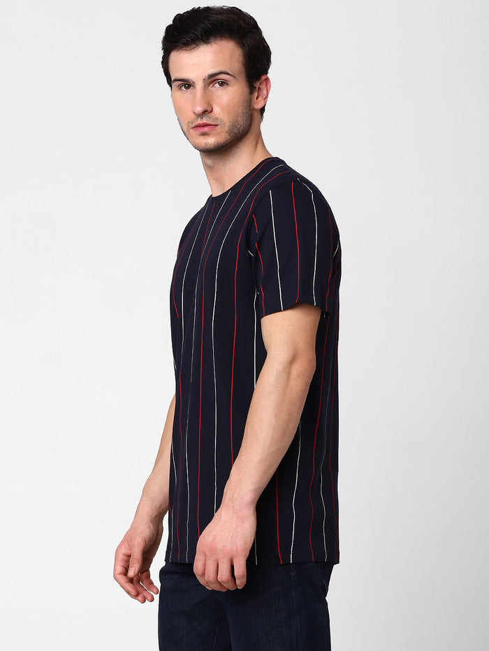Blue Organic Cotton Striped Crew Neck T-Shirt