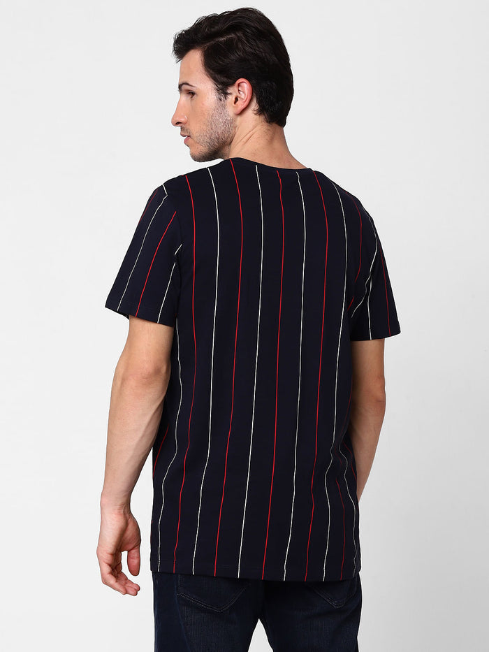 Blue Organic Cotton Striped Crew Neck T-Shirt