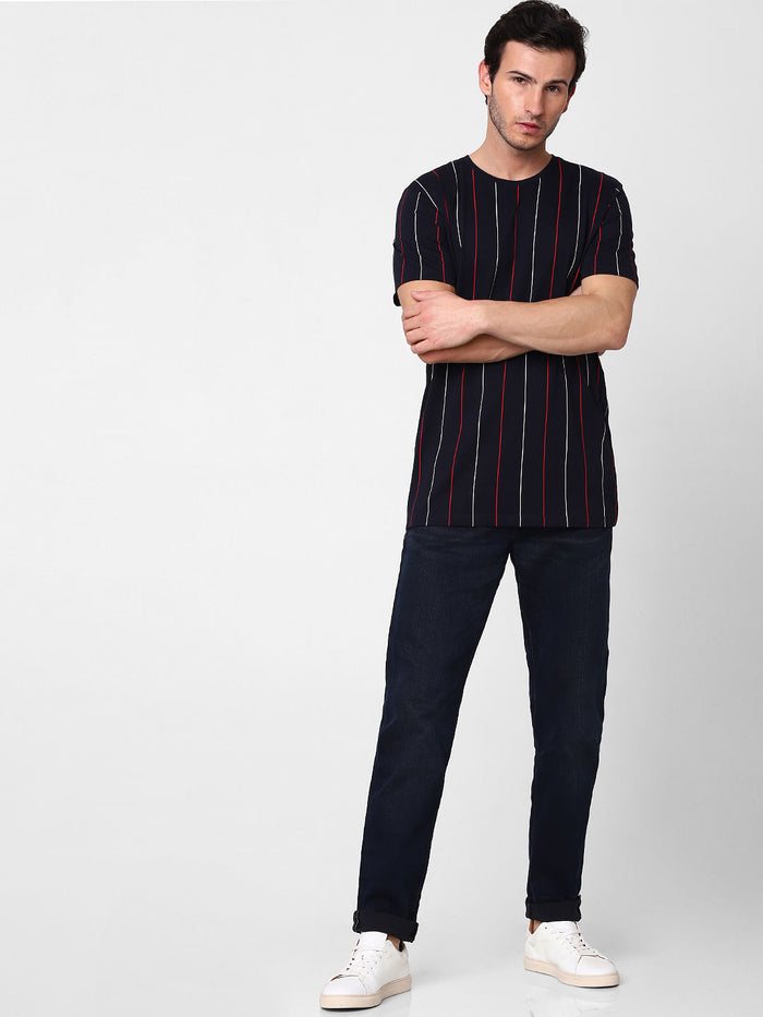 Blue Organic Cotton Striped Crew Neck T-Shirt