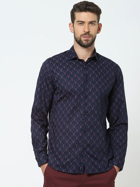 Blue Printed Organic Cotton Full Sleeves Shirt
