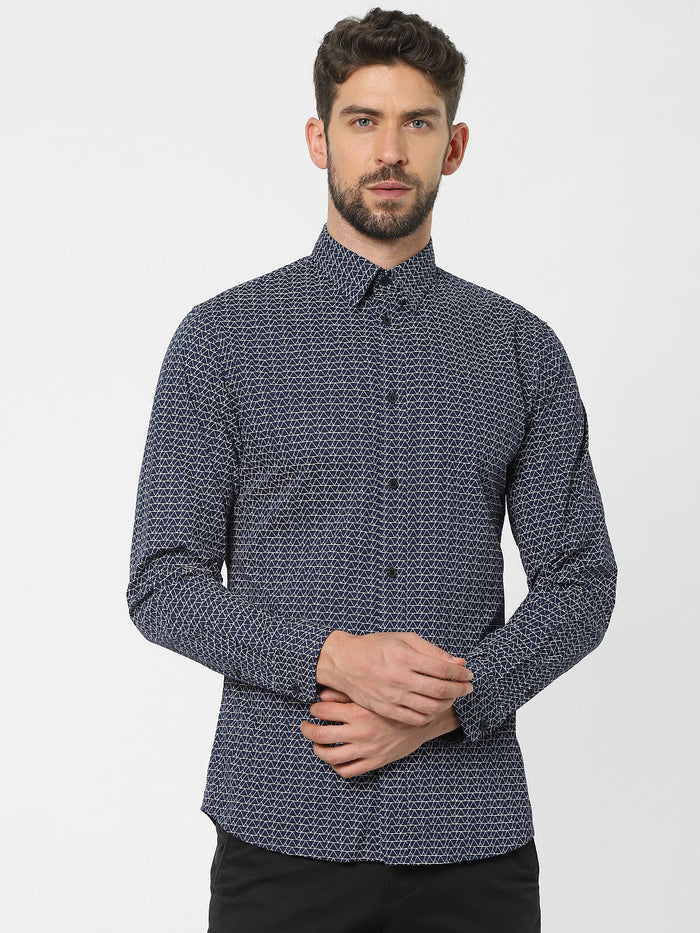 Blue Printed Organic Cotton Full Sleeves Shirt