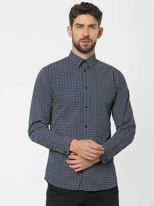 Blue Printed Organic Cotton Full Sleeves Shirt