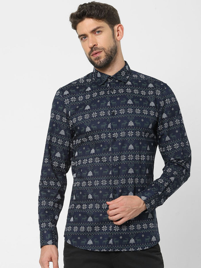 Blue Printed Organic Cotton Full Sleeves Shirt