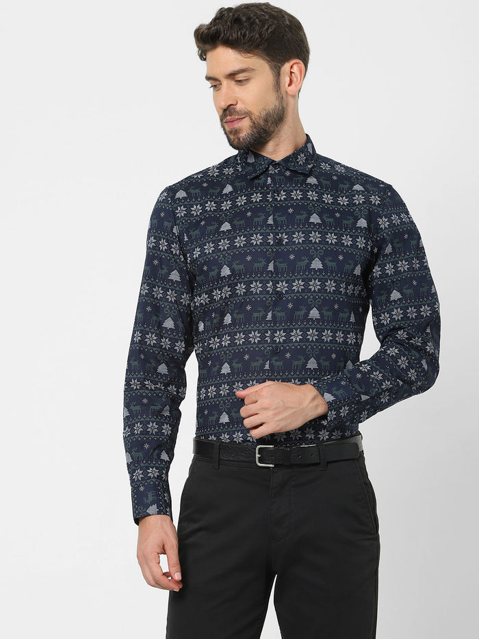Blue Printed Organic Cotton Full Sleeves Shirt