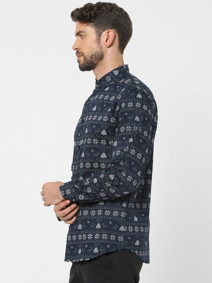 Blue Printed Organic Cotton Full Sleeves Shirt