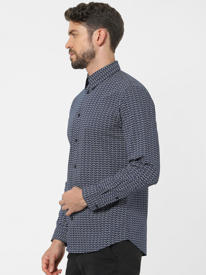 Blue Printed Organic Cotton Full Sleeves Shirt