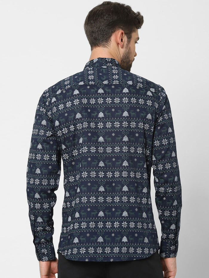 Blue Printed Organic Cotton Full Sleeves Shirt