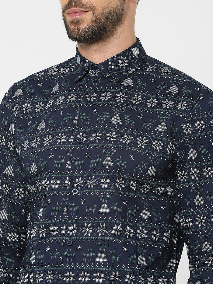 Blue Printed Organic Cotton Full Sleeves Shirt