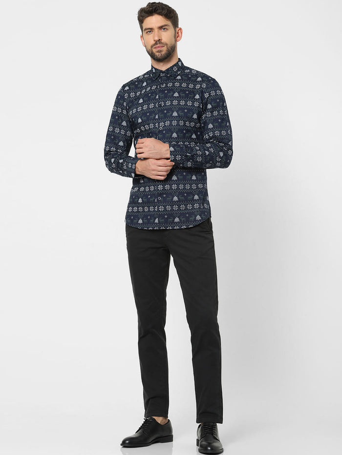 Blue Printed Organic Cotton Full Sleeves Shirt