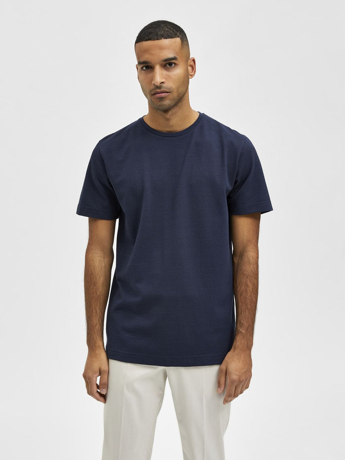 Blue Self-Design Crew Neck T-Shirt