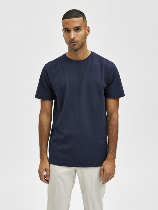 Blue Self-Design Crew Neck T-Shirt