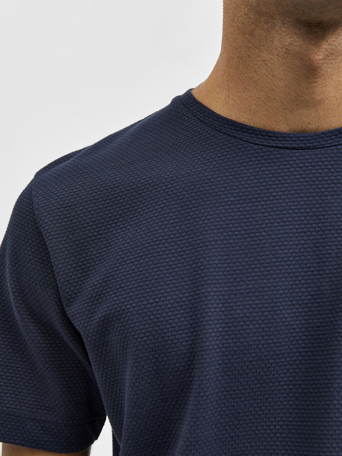 Blue Self-Design Crew Neck T-Shirt