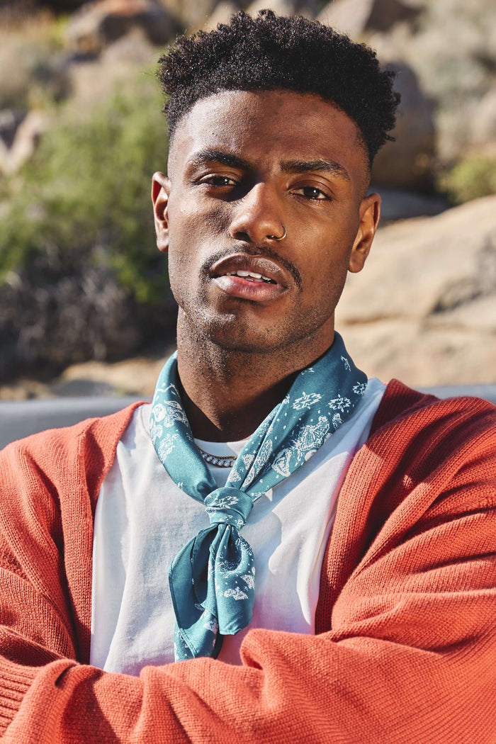 model wearing Éclectique's Blue Silk Scarf Bandana in Moroccan Blue
