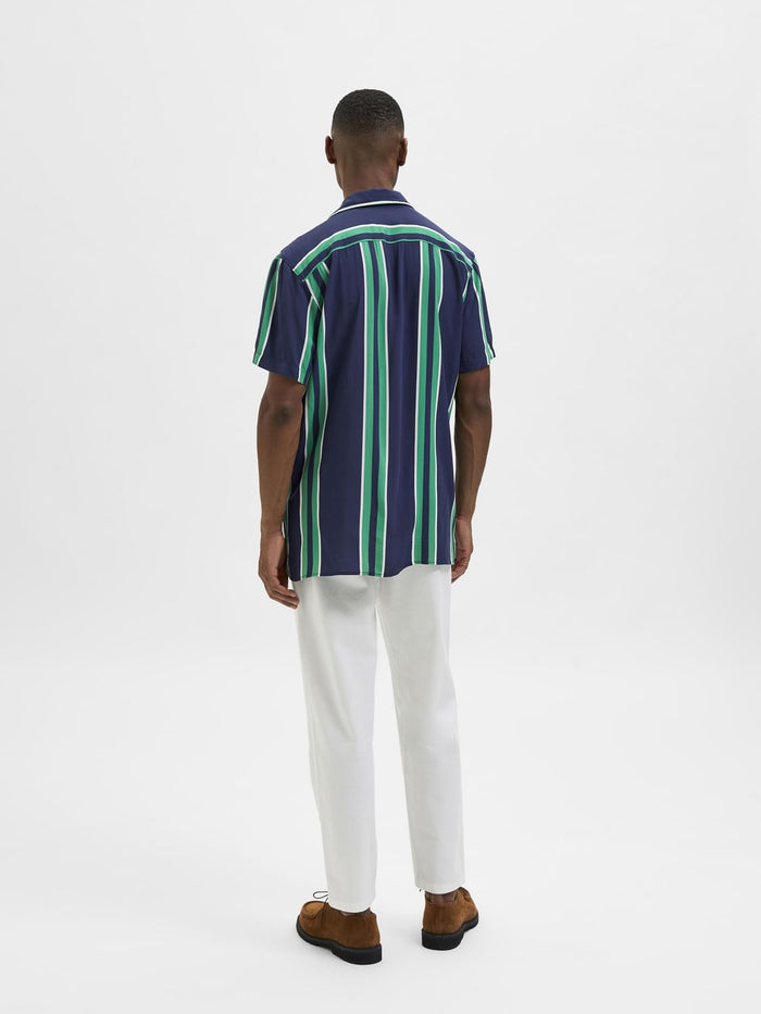 Blue Striped Cuban Collar Short Sleeves Shirt