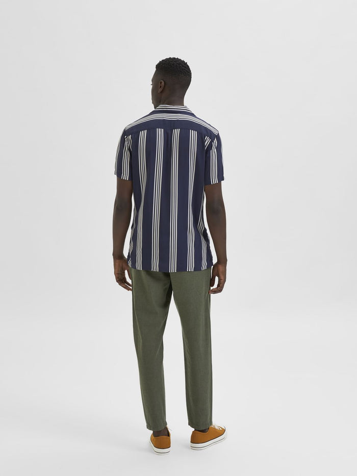 Blue Striped Cuban Collar Short Sleeves Shirt