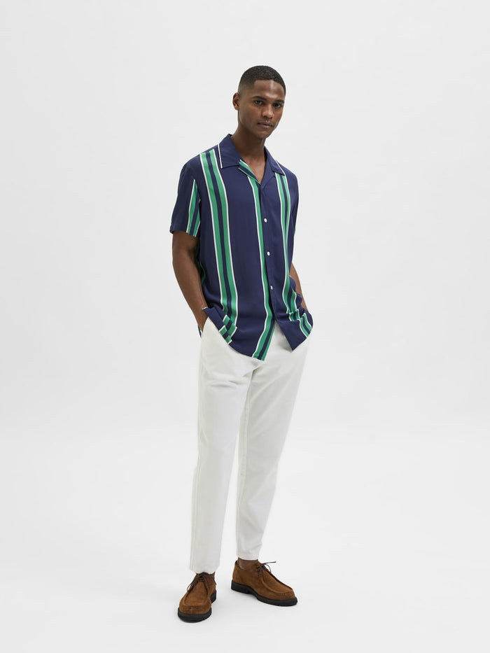 Blue Striped Cuban Collar Short Sleeves Shirt