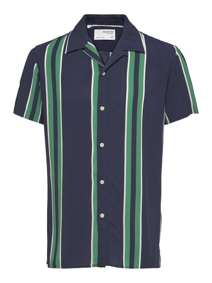 Blue Striped Cuban Collar Short Sleeves Shirt