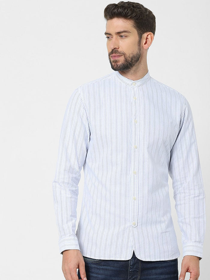 Blue Striped Mandarin Collar Shirt