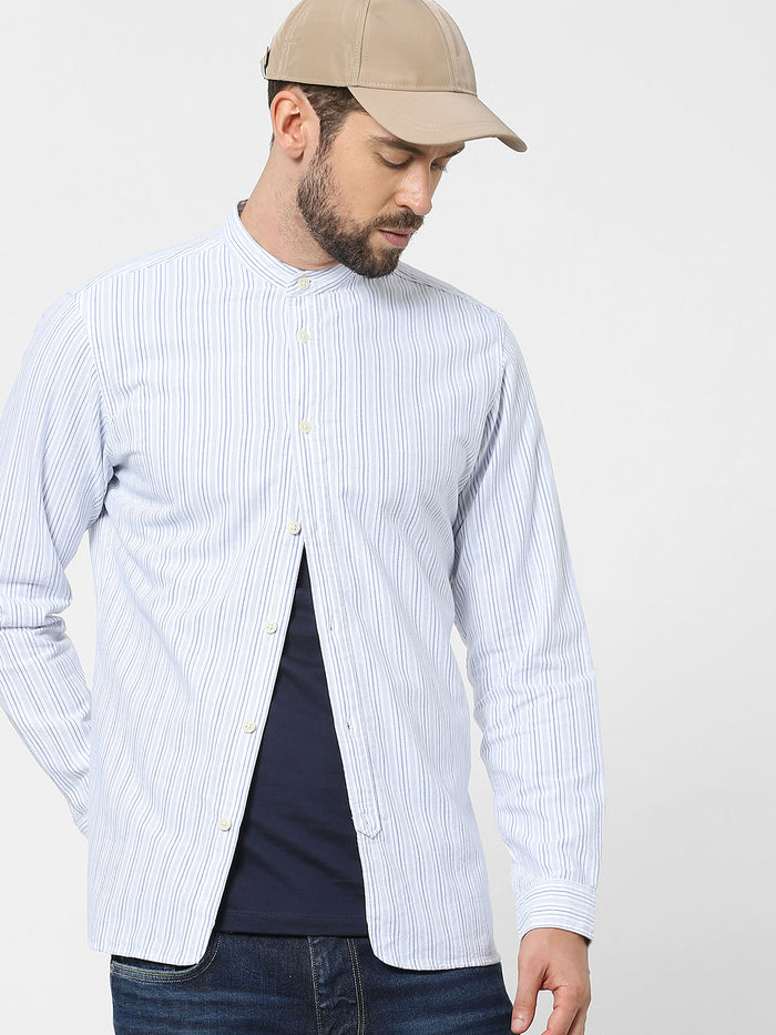 Blue Striped Mandarin Collar Shirt