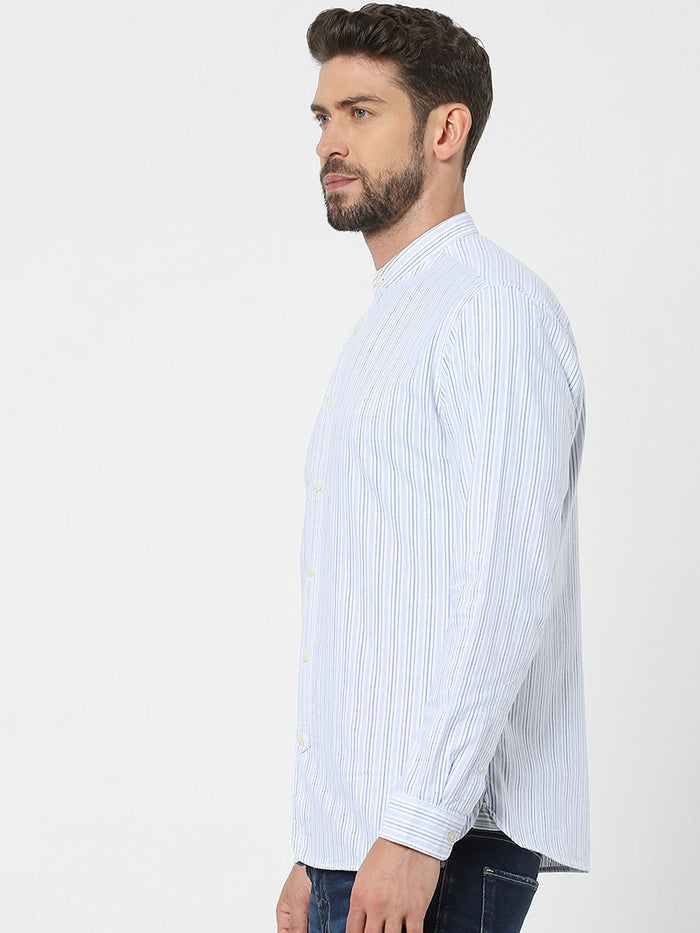 Blue Striped Mandarin Collar Shirt