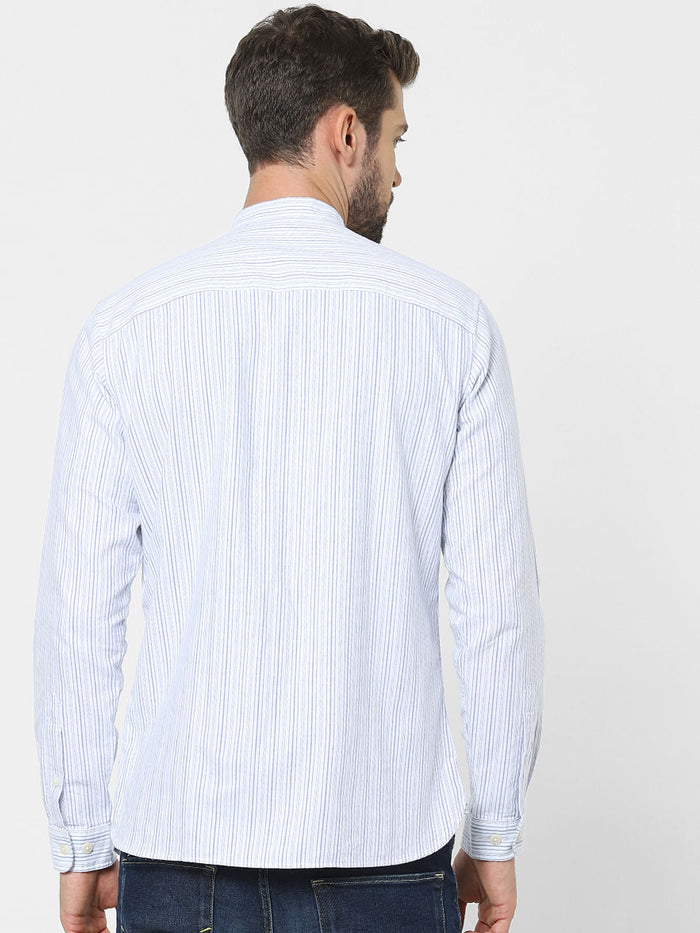 Blue Striped Mandarin Collar Shirt