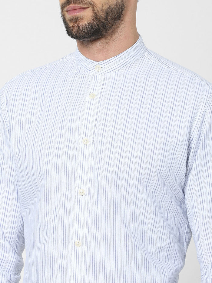 Blue Striped Mandarin Collar Shirt