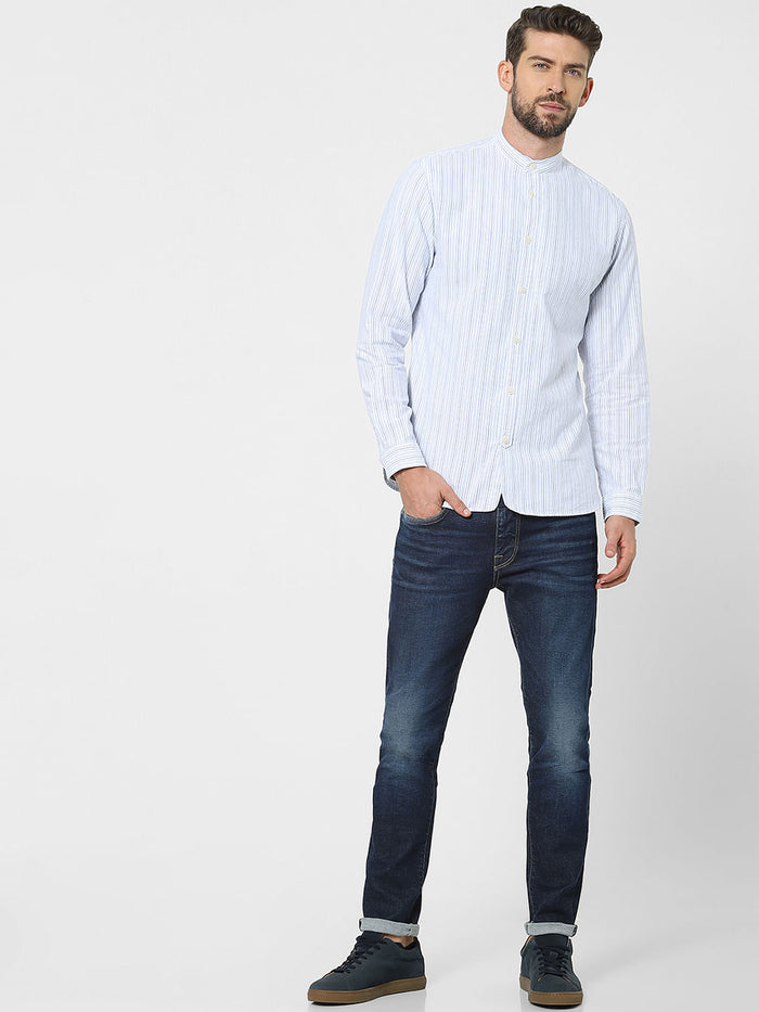 Blue Striped Mandarin Collar Shirt