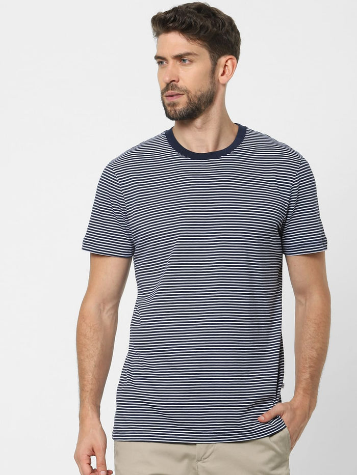 Blue Striped Organic Cotton Crew Neck T-Shirt