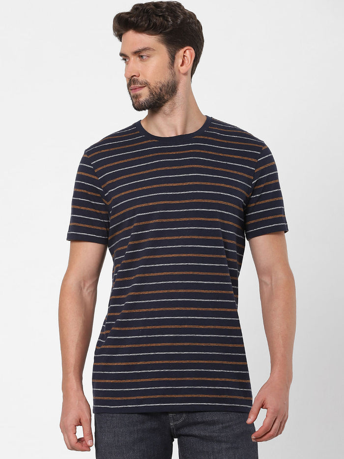Blue Striped Organic Cotton Crew Neck T-Shirt