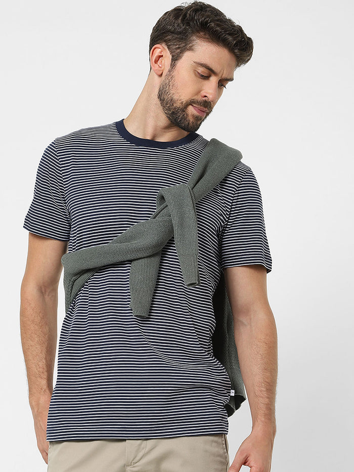 Blue Striped Organic Cotton Crew Neck T-Shirt